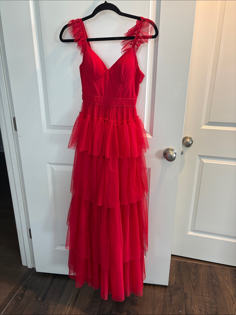 Blondie Nites Red Ruffled Tulle Prom Dress